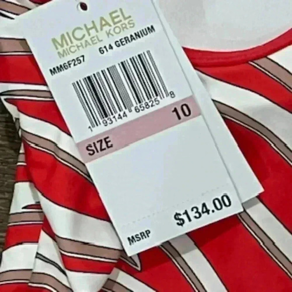 NEW Michael Kors 1 Piece Racerback Red Striped Swimsuit Women’s Sz 10‎ NWT - Picture 6 of 11